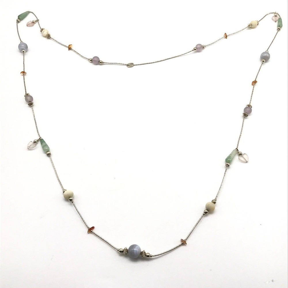 Vintage 925 Sterling Multi-Gemstone Bead Long Liquid Silver Necklace 40"